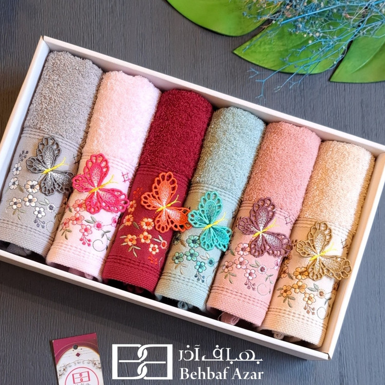 حوله ی دستی بهباف آذر سه بعدی گلدوزی مدل پروانه سایز 80×40 جعبه ۶ تایی
