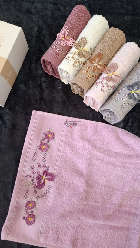 حوله ی دستی بهباف آذر سه بعدی گلدوزی مدل پروانه سایز 80×40 جعبه ۶ تایی
